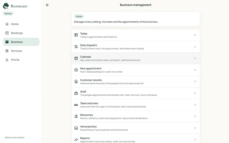 Restncare partner panel screen: the business management menu; today, calendar, new appointment, customer records, staff, team and roles, resources and reports.