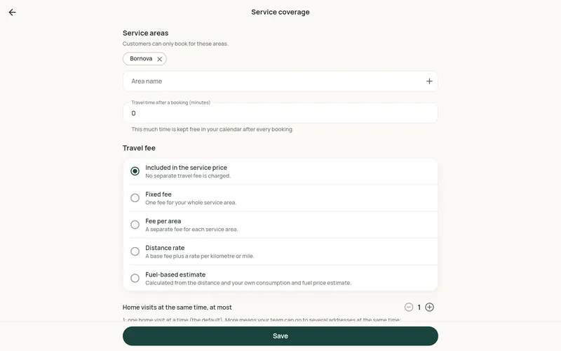 Restncare partner panel screen: service areas, travel buffer between bookings and the travel-fee rule options.