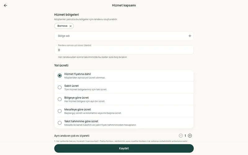 Restncare partner paneli ekranı: hizmet bölgeleri, randevular arası yol payı ve yol ücreti kuralı seçenekleri.
