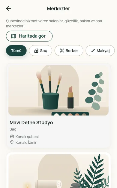 Restncare web uygulaması ekranı: şubesinde hizmet veren merkezlerin listesi.