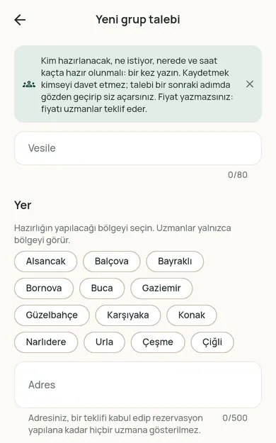 Restncare web uygulaması ekranı: yeni grup talebi.