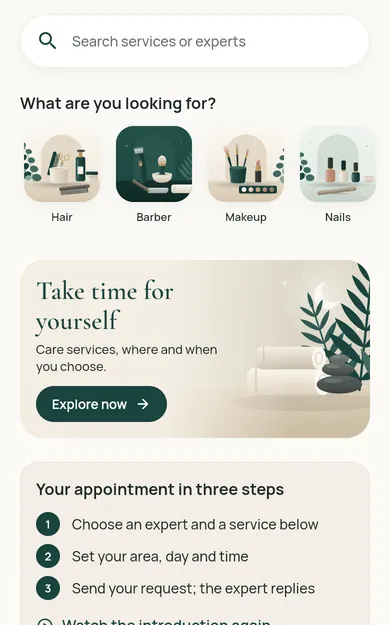 Restncare web app screen: search, service categories and booking in three steps on the home screen.