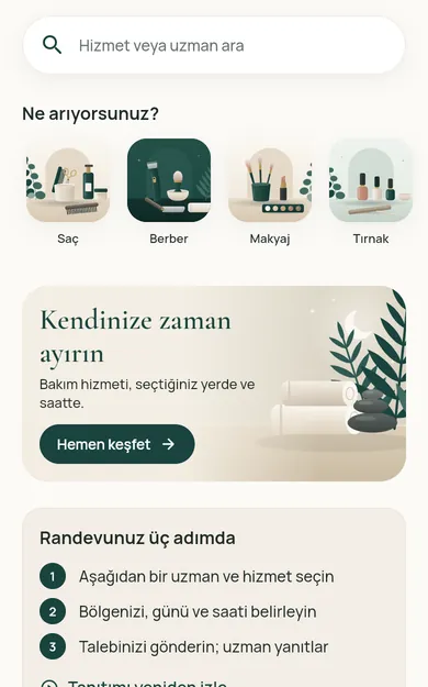 Restncare web uygulaması ekranı: ana sayfada arama, hizmet kategorileri ve üç adımda randevu.