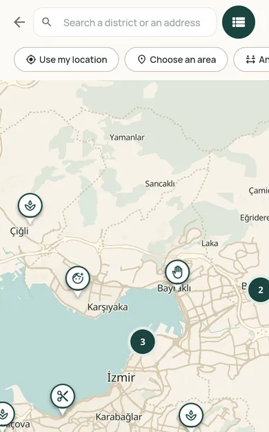 Restncare web app screen: businesses with a branch on the map.