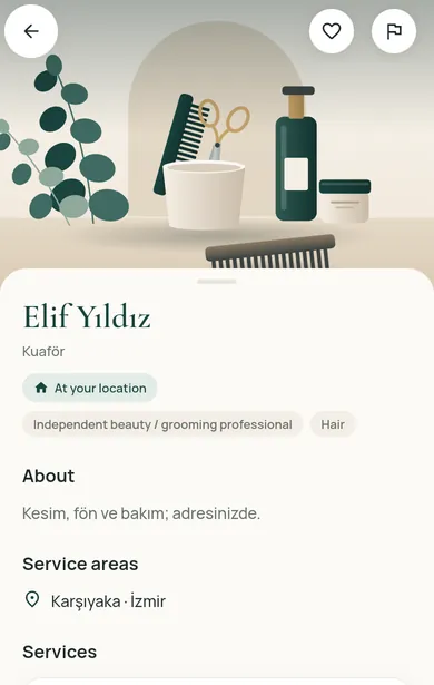 Restncare web app screen: a home-service professional’s profile, service area and services.