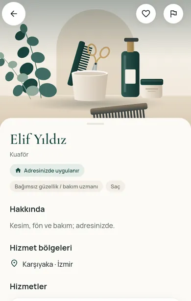 Restncare web uygulaması ekranı: evde hizmet veren bir uzmanın profili, hizmet bölgesi ve hizmetleri.
