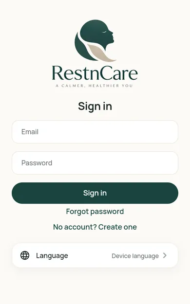Restncare web app screen: sign-in with e-mail and password; a link to create an account for those without one.