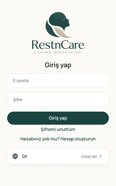Restncare web uygulaması ekranı: e-posta ve şifreyle giriş; hesabı olmayanlar için hesap oluşturma bağlantısı.